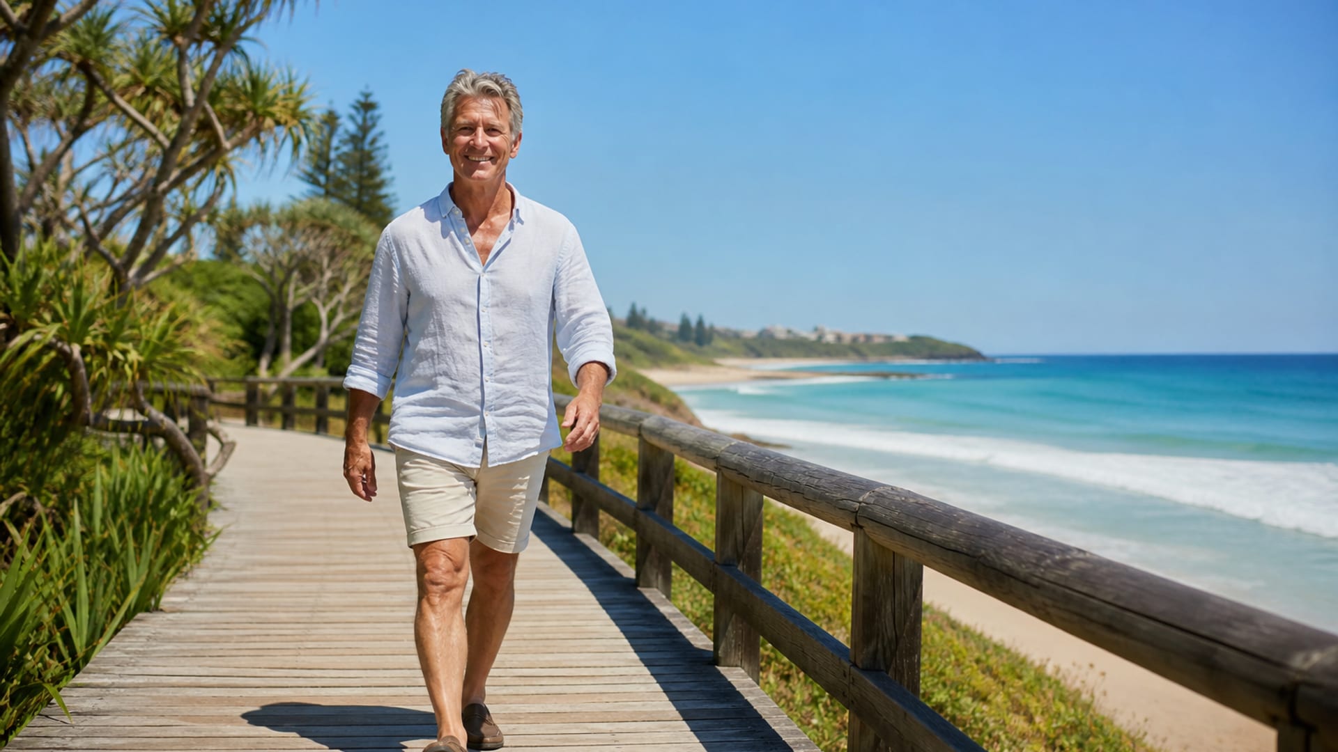 Older man walking freely on a coastal boardwalk beside the ocean